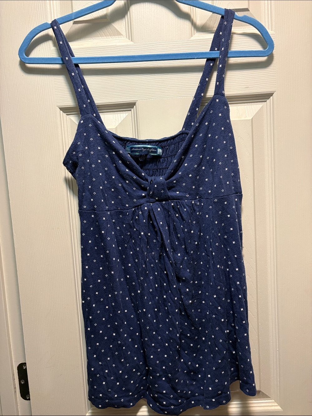 American Eagle Outfitters Navy and White Dot Knot-Front Tank